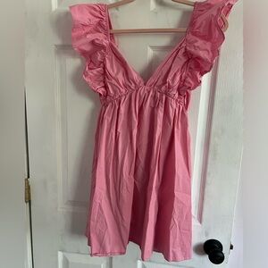 Pink v neck flowy mini dress knot back